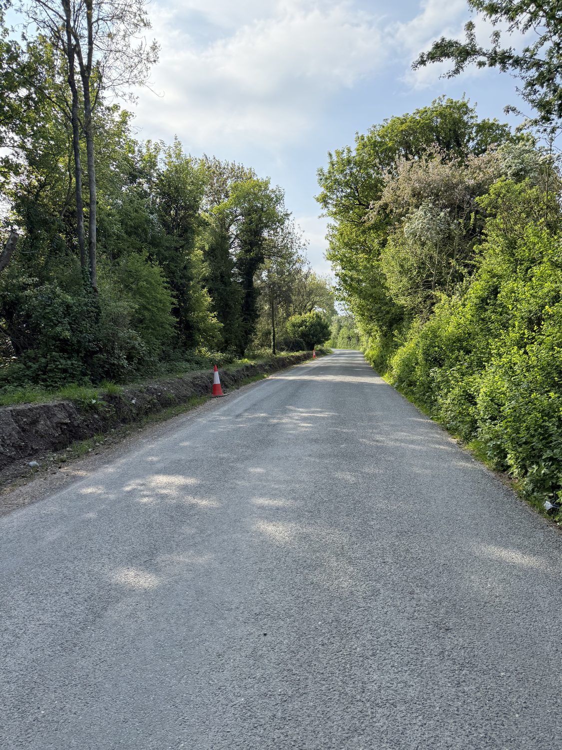 The approach with a freshly-dug soil bank along the verge at Killardry Bridge, 1 May 2025, GPS-tagged